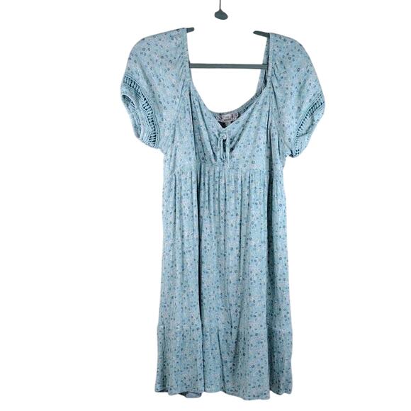 Pink Republic Junior's Teal Acqua Floral Flower Flowy Mini Spring Summer Dress - Picture 1 of 13